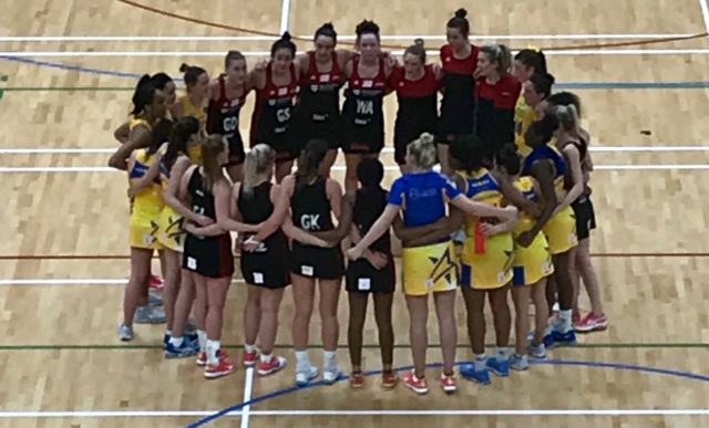 Team Northumbria and Team Bath players after the opening match of the 2018 Superleague season