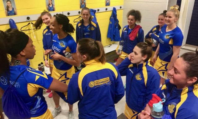 Team Bath Netball players in the changing room ahead of their match against Severn Stars, February 2018