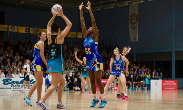 Kadeen Corbin (centre) and Sophie Drakeford-Lewis (right) in action against Surrey Storm – both had 100 per cent conversion rates in Saturday’s win for Team Bath Netball