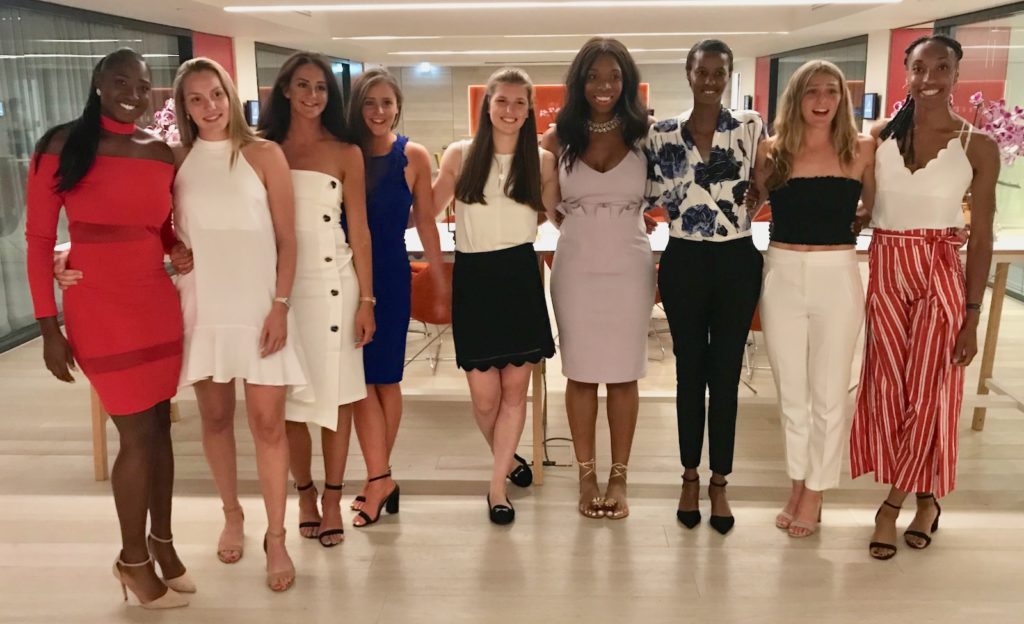 Members of the Team Bath Netball Superleague squad gather for the 2018 end-of-season dinner - (from left) Kadeen Corbin, Abi Robson, Rachel Shaw, Jess Shaw, Sophie Drakeford-Lewis, Eboni Beckford-Chambers, Zanele Vimbela, Jazz Scott and Layla Guscoth.