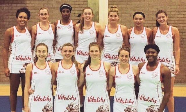 The England U21 squad that won the 2018 Netball Europe title, featuring Chartie Curtis (back right) and Sophie Drakeford-Lewis (front centre)