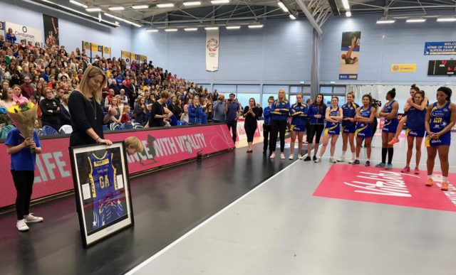 On-court tribute to Jess Thirlby after her last home game with Team Bath Netball