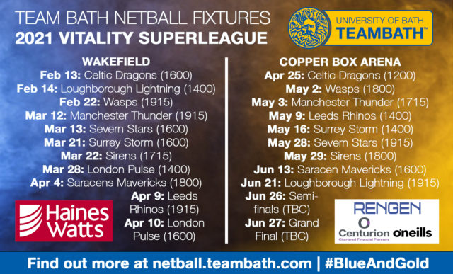 Blue Gold Ready For The Challenge Of A Season Like No Other As 2021 Vitality Netball Superleague Fixtures Are Confirmed Team Bath Netball