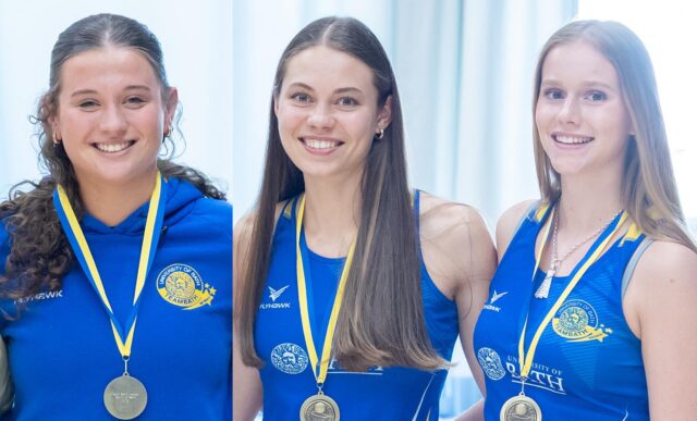A composite image of Team Bath Netball U19 players (from left) Neve Marsden, Ane De Wet and Jess Hollingbery. They are wearing Blue & Gold kit and have end-of-season award medals around their necks.
