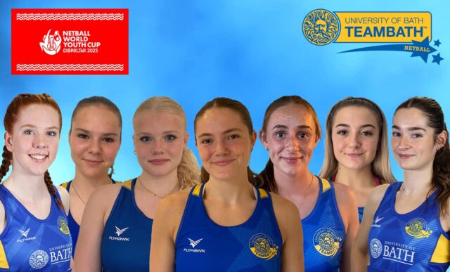 A graphic featuring headshots of players wearing Team Bath Netball kit. The players are (from left) Dani Carr, Lilia Davies, Immi Shaw, Matilda Smyth, Zoe Maynard, Madison Sims and Alanna Pullen. Behind them is a blue smoke design and there are Netball World Youth Cup 2025 and Team Bath Netball logos in the respective top corners.