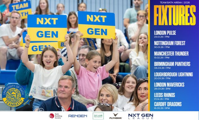 A graphic promoting Team Bath Netball 2026 NXT Gen League home fixtures. It features two girls holding up blue and gold placards with "Nxt Gen" on them.