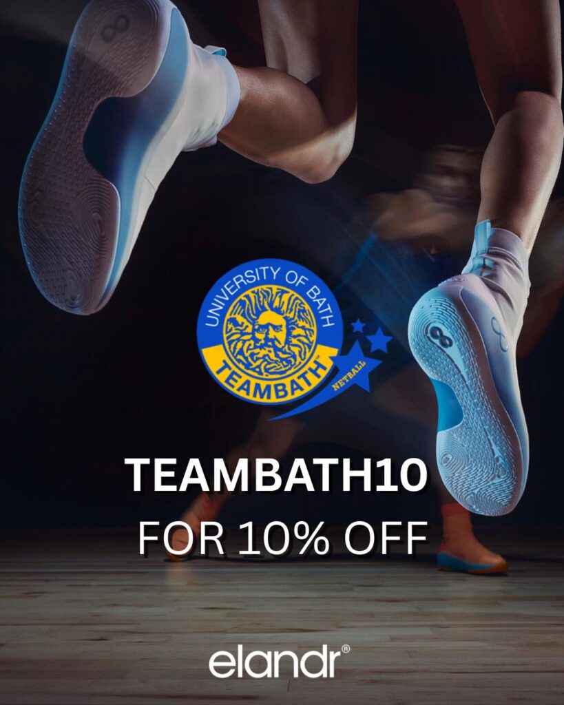 A promotional graphic featuring the logos of Elandr and Team Bath Netball. The text says "TEAMBATH10 for 10% off"