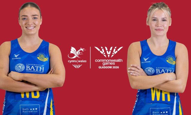 Portrait pictures of Team Bath Netball players Poppy Tydeman and Lowri Windsor on a red background featuring the Team Wales / Commonwealth Games 2026 logo