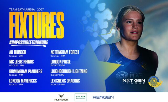 A graphic promoting Team Bath Netball's 2027 NXT Gen League fixtures