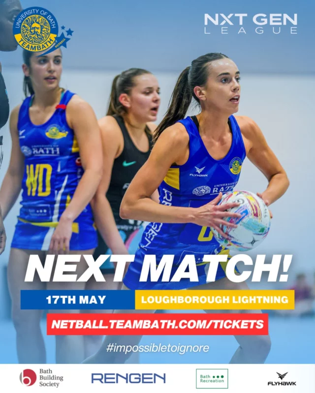 💨 Tickets selling fast 💨 

We’re next back in action at home on Saturday 17th May as we take on Loughborough Lightning at the Team Bath Arena!

It’s going to be a big one – and we only have 50 tickets remaining! 💙💛

Grab your tickets now at netball.teambath.com/tickets

#BlueAndGold #TeamBath #ImpossibleToIgnore