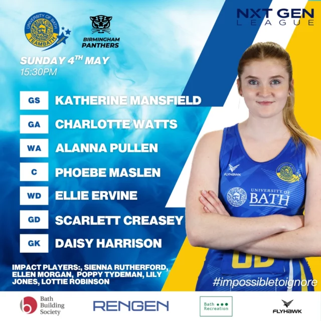 Here is your #blueandgold starting 7 for this afternoon's fixture against @birminghampantherspathway Who's ready for some fantastic netball?! Link to the livestream on our stories! 💙💛 #impossibletoignore