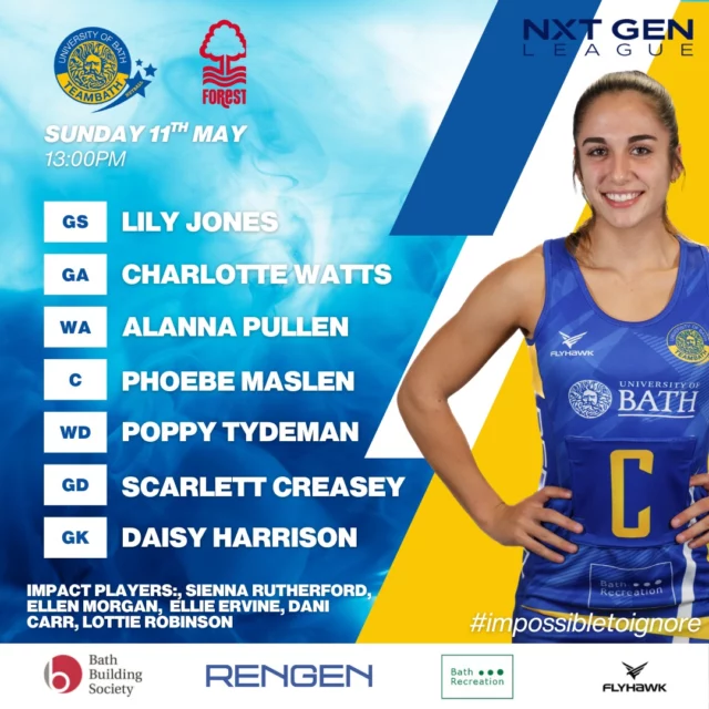 Team Bath are away to @nfnetball in Round 13 of the NXT Gen League. Here is your starting 7 for this fixture. Livestream available via the link in our stories. 💛💙 #blueandgold #impossibletoignore