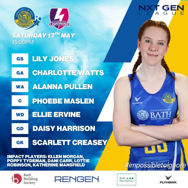 Here is your #blueandgold starting 7 for this afternoon's fixture against @lborolightningacademy Who's ready for some fantastic netball?! Link to the livestream on our stories! 💙💛 #impossibletoignore