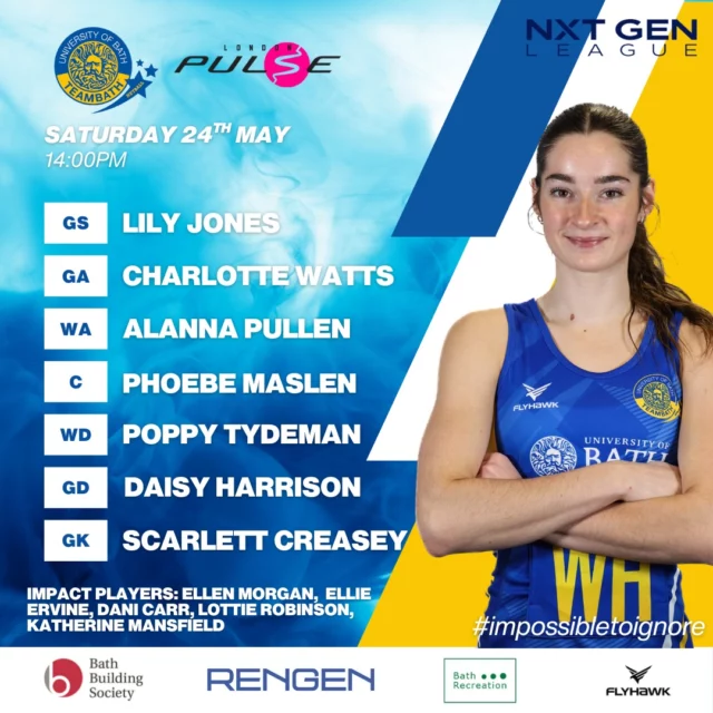 Team Bath are away to @londonpulsepathway in Round 15 of the NXT Gen League. Here is your starting 7 for this fixture. Livestream available via the link in our stories. 💛💙 #blueandgold #impossibletoignore