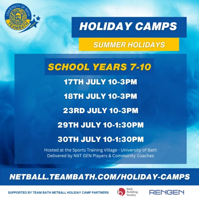 Our Team Bath Netball Summer Camps for School Years 7–10 are now live! 🏐💥

Join us this summer for top-tier coaching, fast-paced sessions, and serious netball fun at the iconic Team Bath Sports Training Village 💙

These camps fill up fast—limited spaces available, so don’t miss your chance to level up your game.

📲 Book now and make this summer one to remember!

#TeamBathNetball #NetballCamps #SummerOfSport #NetballTraining #FutureStars #TeamBath